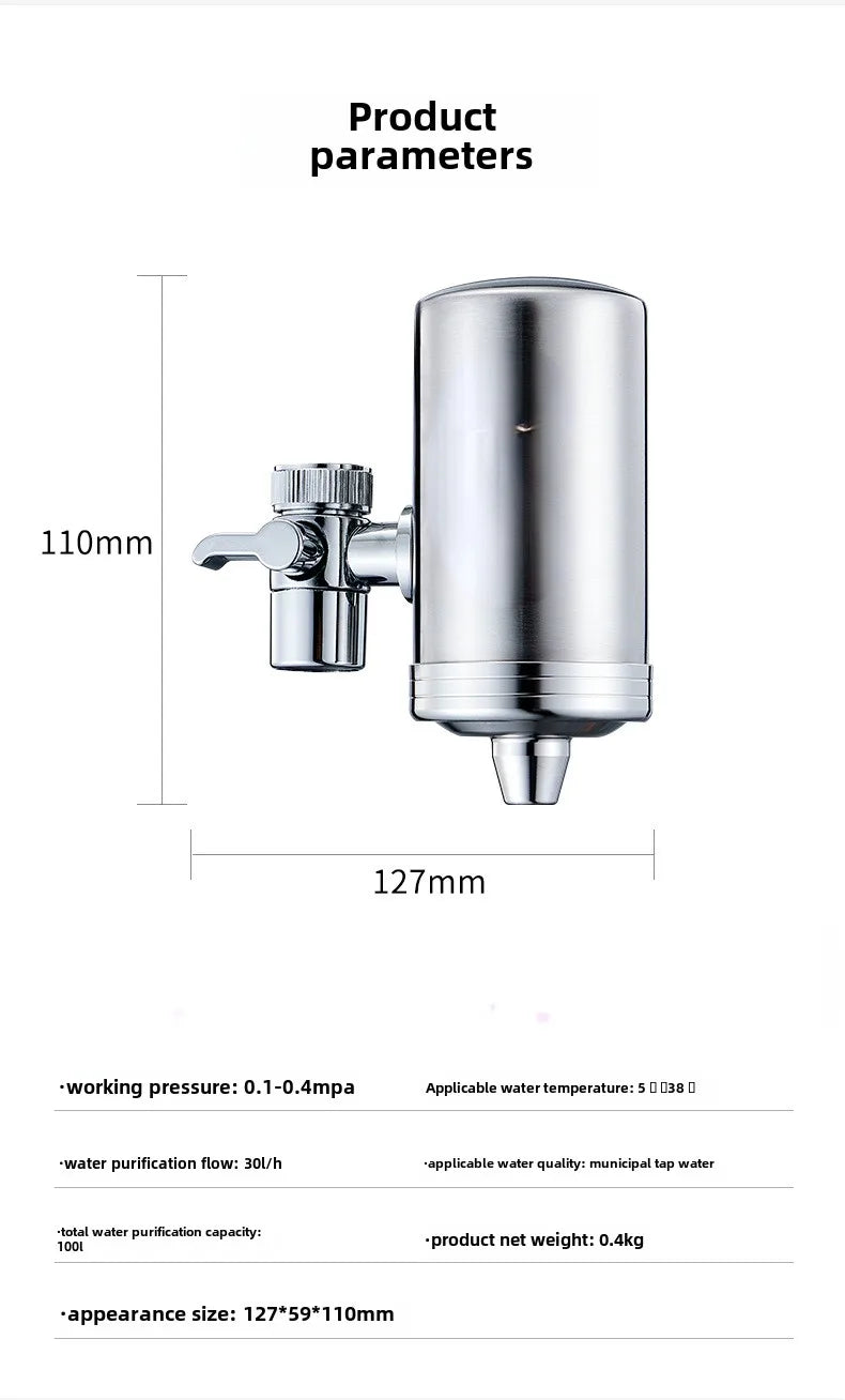 304 Stainless Steel Water Purifier, Reusable Faucet Filter for Kitchen Drinking Water.